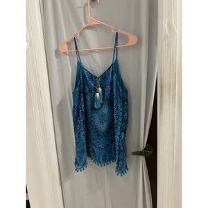 Chaser Blue Silk Blend Tank Boho Tribal Tassels Pompom Camisole Tank Sz M